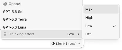 Thinking effort submenu inside the model selector menu