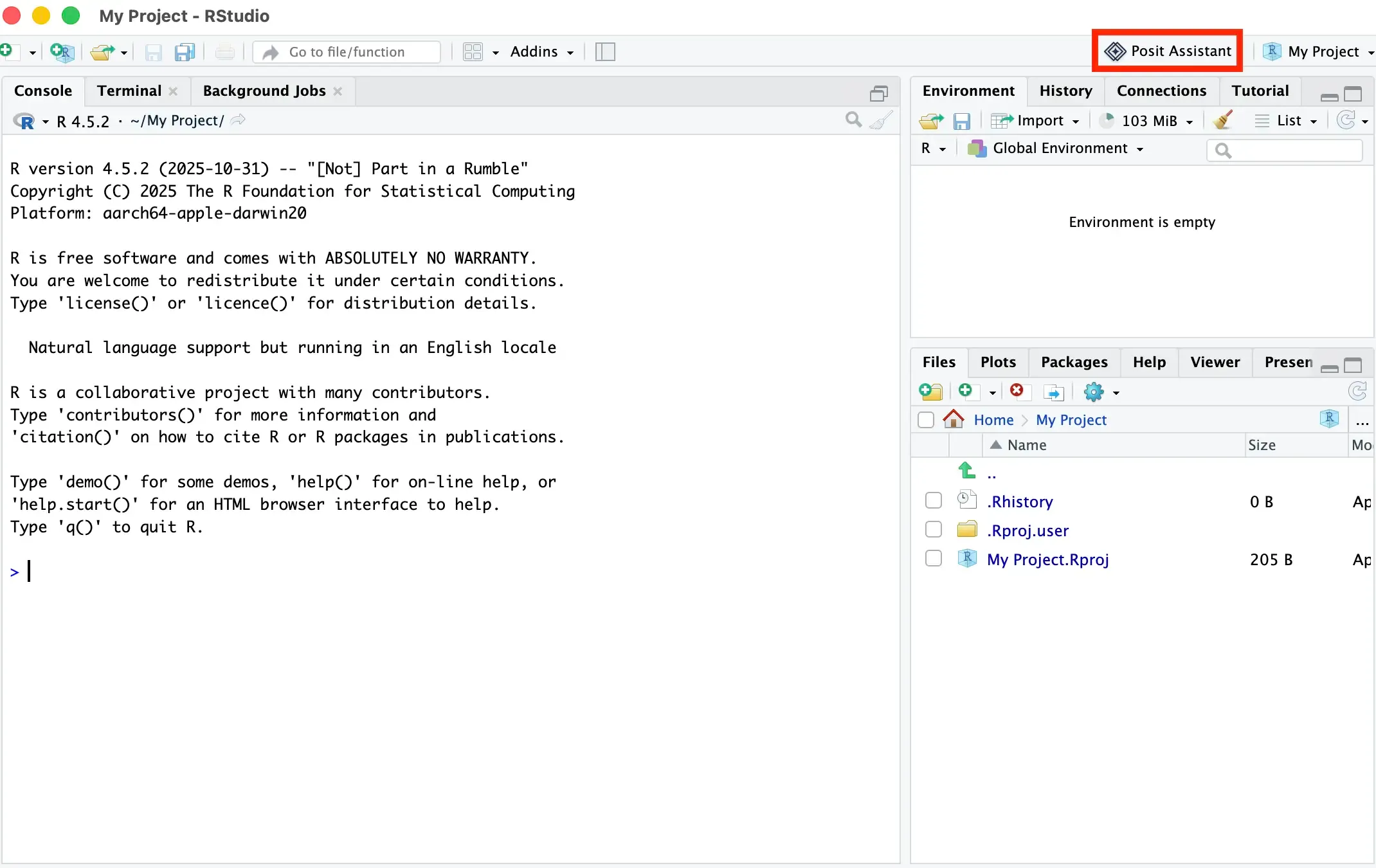 The RStudio toolbar with the Posit Assistant toolbar icon highlighted in the top right