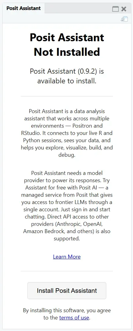 RStudio sidebar showing the Posit Assistant install prompt