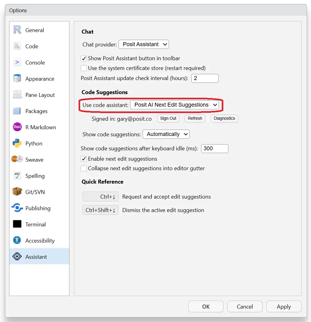 RStudio Global Options showing the Assistant configuration panel