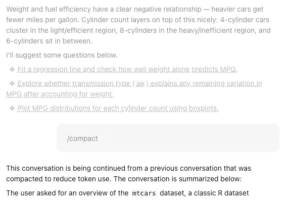 Compacted conversation example showing compaction message