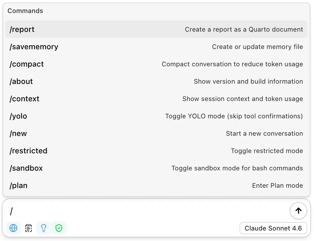 Slash command autocomplete menu showing available commands